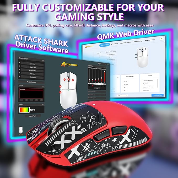 MAMBASNAKE Attack Shark X11SE Lightweight Wireless Gaming Mouse, Tri-Mode 2.4G/USB-C Wired/BT, 22K DPI, PAW3311 Optical Sensor, 59g, 5 Programmable Buttons, 300mAh Battery for PC/Mac(Red-Griptape)