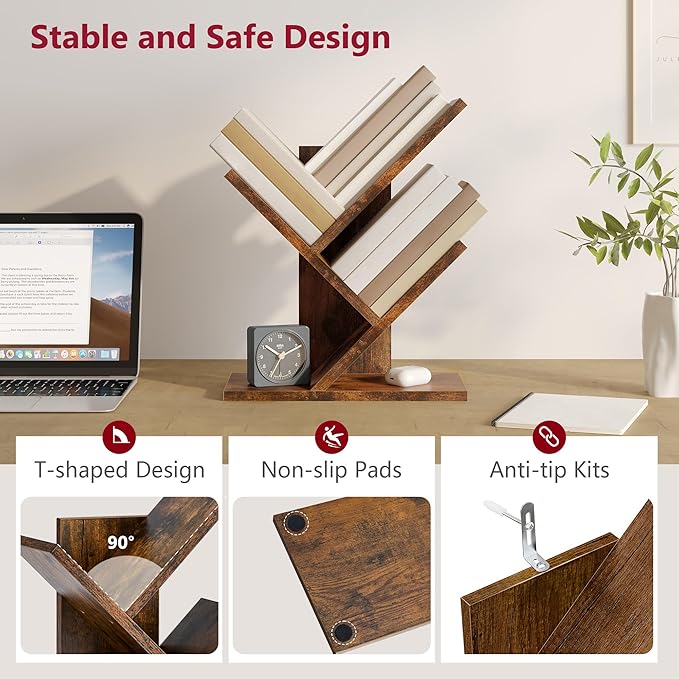Tajsoon Tree Bookshelf 3 Tier Book Shelves Storage Organizer, Desktop Bookshelf Floor Standing Bookcase Display for Magazine/Books, Small Tree Bookshelf for Bedroom, Living Room Office, Rustic Brown