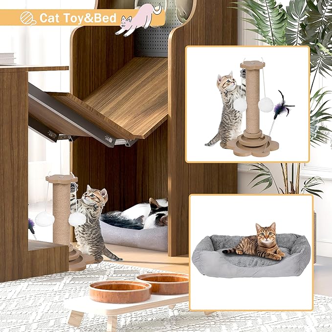 Fold-Out Convertible Office Table, Space-Saving Folding Writing Desk with Hutch & Storage Shelves, Pet-Friendly Foldable Computer Desk with Free Cat Bed for Small Spaces (Walnut)