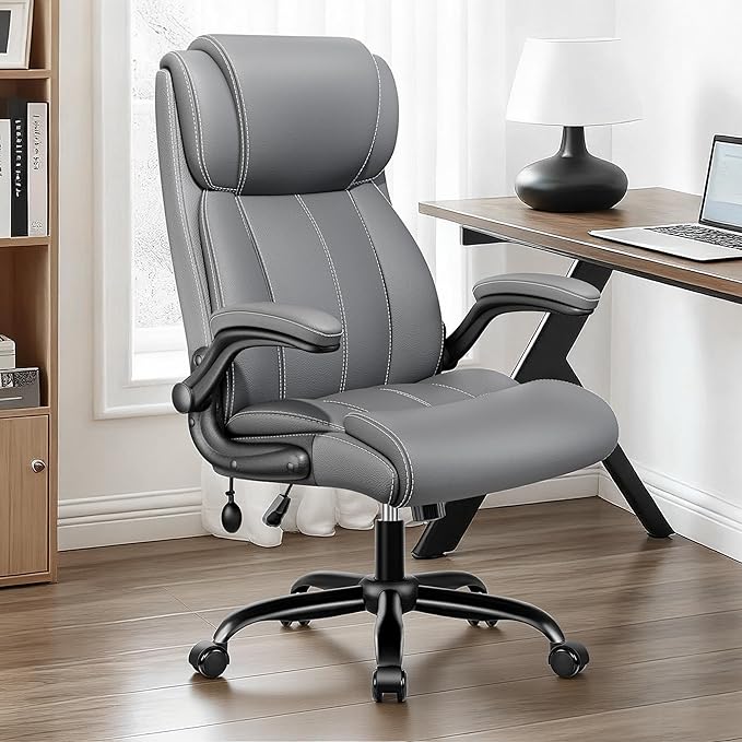 BESTFAIR Ergonomic Office Chair - Desk Computer Chair, Leather High Back Executive Chairs with Adjustable Lumbar Support for Adults, Rolling Swivel Tilt, Gray