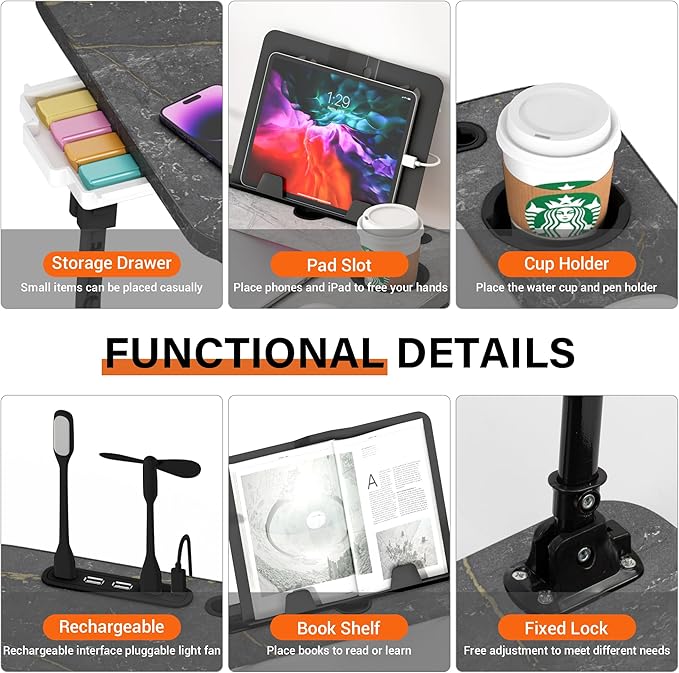 Laptop Desk for Bed Height Adjustable, Lap Bed Table with USB/Storage Drawer/Cup Holder/Tablet Stand/Book Shelf, Foldable Breakfast Tray Portable for Reading Writing, Sofa & Floor, Deep Stone Texture