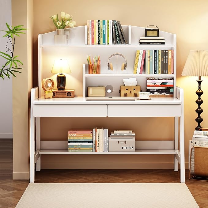 Kids Desk Rubber Wood Kids Table Children’s Study Desk with Bookshelf and Two Drawers Children Study Computer Writing Workstation for 3 and Above (White