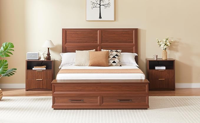 Queen Size Bed with 3D Geometric Headboard & Storage Bench - 4-Drawer Storage, Modern Bedroom Furniture, Walnut. The 3D geometric grid pattern on the headboard exudes modern charm, blending refineme