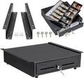 Volcora Cash Register Drawer with Under Counter Mounting Bracket - 16" Black Drawer for POS, 5 Bill 8 Coin Compartment, Fully Removable 2 Tier Cash Tray, 12-24V RJ11/RJ12 Key-Lock, Double Media Slot