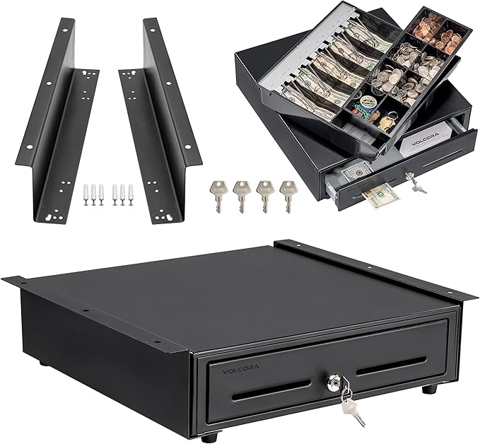 Volcora Cash Register Drawer with Under Counter Mounting Bracket - 16" Black Drawer for POS, 5 Bill 8 Coin Compartment, Fully Removable 2 Tier Cash Tray, 12-24V RJ11/RJ12 Key-Lock, Double Media Slot