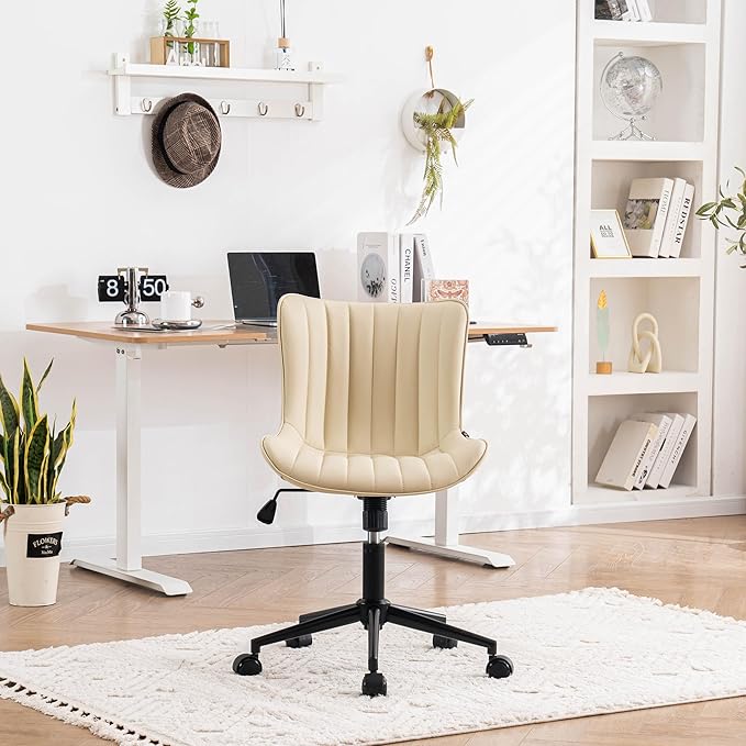 YOUNIKE Beige Office Desk Chair with Wheels Swivel Comfy Armless Vanity Chair with Back Modern Leather Upholstered Rolling Computer Task Chair Small Cute Drafting Sewing Chair No Arms Adjustable