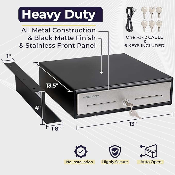 Cash Register Drawer with Under Counter Mounting Bracket - 13" Black Cash Drawer for POS, Stainless Steel Front, 4 Bill 5 Coin, Fully Removable 2 Tier Cash Tray, 12-24V RJ11/RJ12 Key-Lock