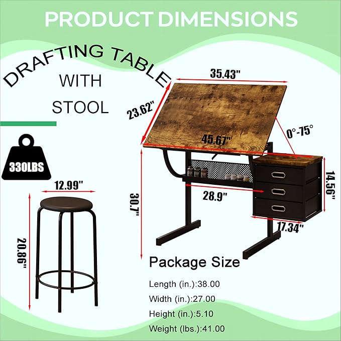 Drafting Table, Tilting Tabletop Artist Desk w/3 Storage Drawers & Stool, Craft Drawing Table for Painting, Sketching, Home Office, Art Studio, Classrooms (Wood+Black)