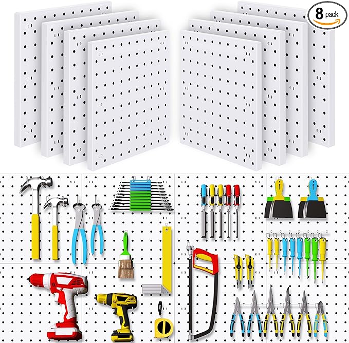 8PCS Pegboard Wall Organizer Panels, White Pegboard Wall Mount for Craft Room, Garage, Kitchen, Living Room, Bathroom, and Study Room, Peg Boards for Walls Easy to Install