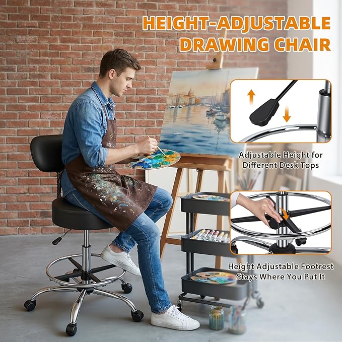 Drafting Stool with Backrest, Height Adjustable Drafting Chair Rolling Stool Faux Leather Swivel Stool, Footrest Ring Tall Work Stool Counter Height Office Salon Studio Lab Chair (Black)