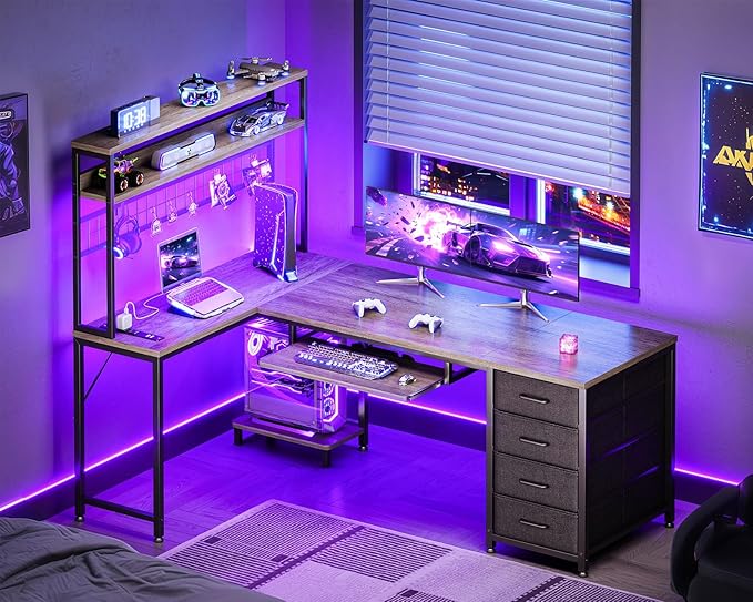AODK 59 Inch L Shaped Desk with 4 Drawers, Gaming Desk with Led Lights & Power Outlets, Computer Desk with Pegboard & Keyboard Tray, Reverisble Home Office Desk with Storage Shelves & CPU Stand, Grey