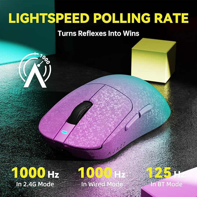 Ajazz AJ199 Wireless Gaming Mouse Ultra-Lightweight 55g Tri-Mode Connection 24000 DPI PAW3311 Sensor Carbon Fiber Shell 500mAh Battery 1K Polling Rate Durable & Anti-Slip Design Black Gradient Purple