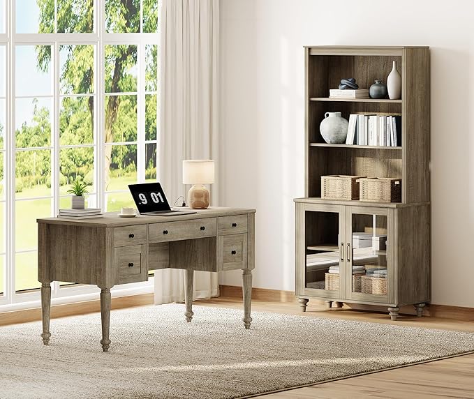 WAMPAT Home Office Furniture Set, 56'' Executive Desk with Charging Station, 72" Tall Bookcase with 2 Glass Doors, Wood Computer Desk with File Cabinet Storage, Open Shelf, Wash Grey