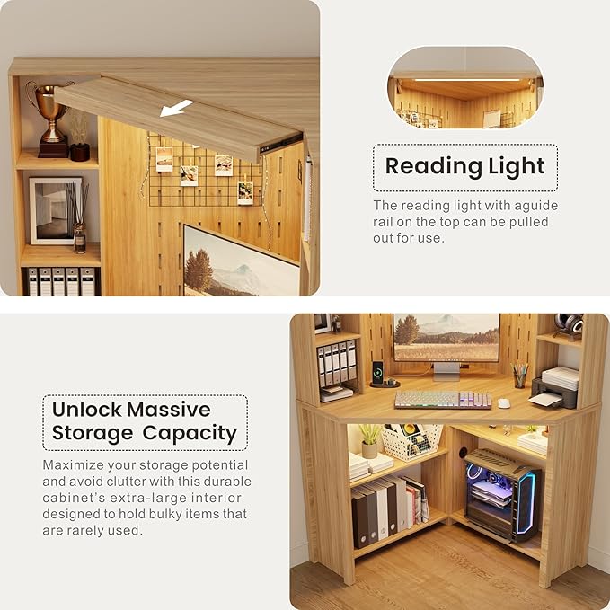 Corner Computer Desk with LED Lights, L Shaped Study Desk with Hutch & Shelves, Triangle Home Office Desk with Charging Station for Work & Study, File Cabinet Bookshelf for Small Space (Natural)