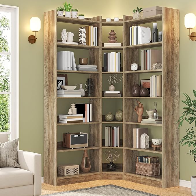 Semoic 70.8" Tall Corner Bookshelf, 7 Tiers Large Etagere Bookcases with Baffles, L-Shaped Modern Storage Display Rack Industrial Bookshelves for Bedroom, Home Office, Living Room & Kitchen, Brown