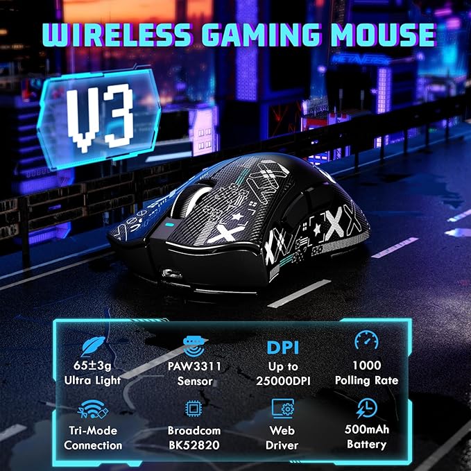 MAMBASNAKE Attack Shark V3 Wireless Gaming Mouse,Adjustable 25K DPI PAW3311 Optical Sensor,Ergonomic Lightweight 5 Programmable Buttons 500mAH Battery,2.4G/BT/USB-C Wired for PC/Mac-Black&Griptape