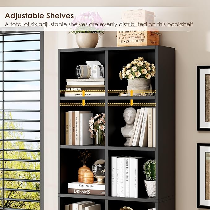 FOTOSOK 71'' Tall Bookshelf with 14 Cubes, 7 Tier Double Wide Black Bookshelf with 6 Adjustable Shelves, 19.6" Narrow Bookcase DVD/CD Media Storage, Space Saving Display Shelf Cabinet, Black