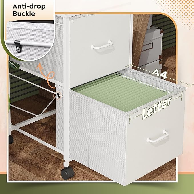 DEVAISE 2 Drawer Mobile File Cabinet, Rolling Printer Stand with Open Storage Shelf, Fabric Vertical Filing Cabinet fits A4 or Letter Size for Home Office, White