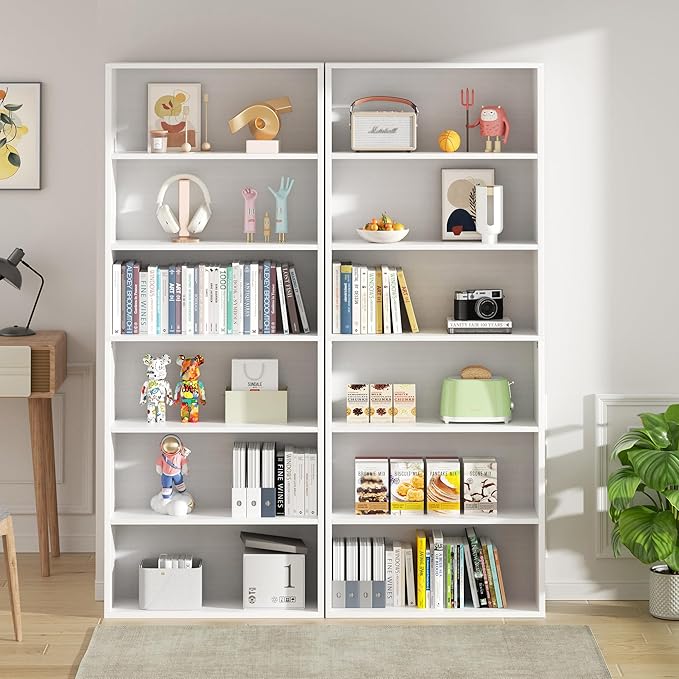Vongrasig 6-Tier Open Bookcase and Bookshelf, Floor Standing Wood Display Storage Shelves 71 Inch Tall Bookcase Home Decor Furniture for Home Office, Living Room, Bed Room, White