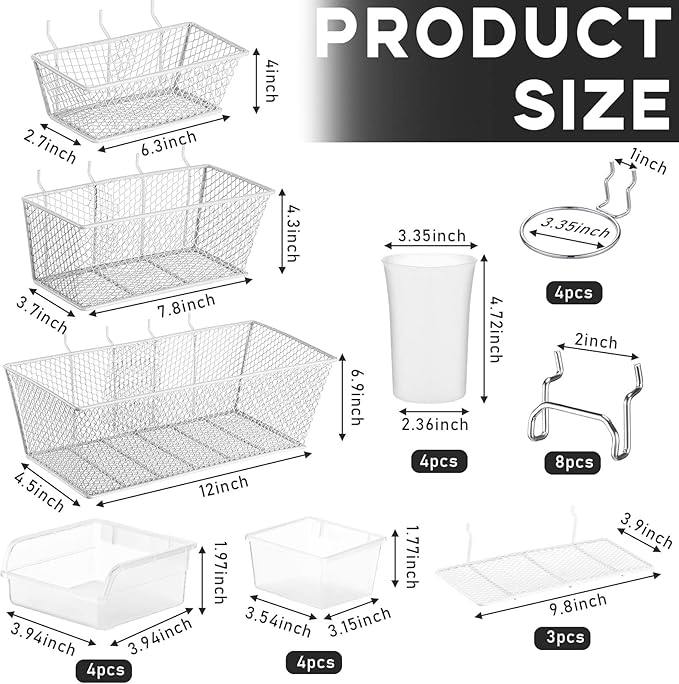 Sieral 30 Pcs Pegboard Organizer Accessories Kit Includes Peg Board Shelving Storage Basket Organizer Bins Hooks Loops Cup with Cup Holder for Garage Room Wall Attachments Tools(White, Clear, Silver)