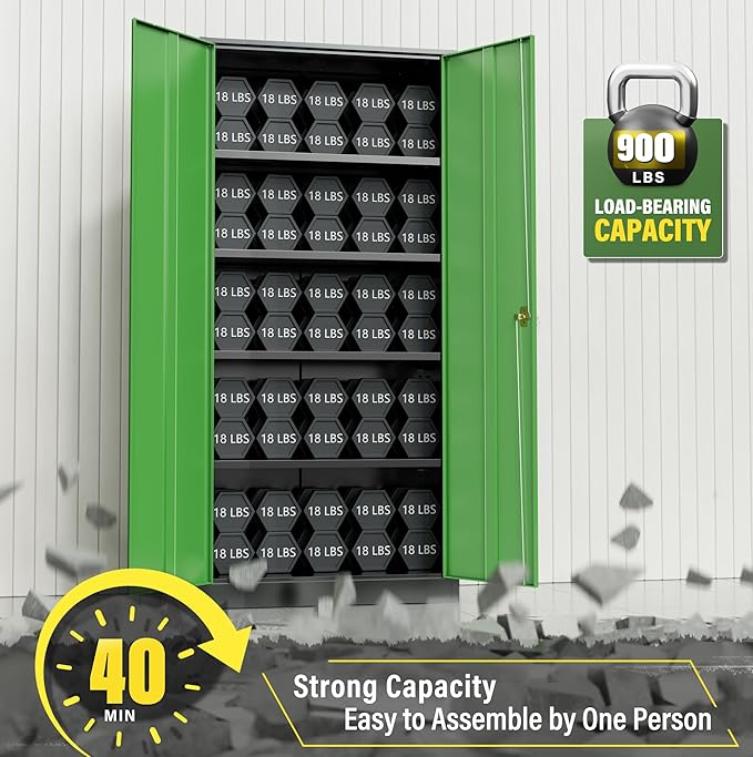 Greenvelly Metal Storage Cabinet, 72" Steel Garage Cabinet with Doors and Adjustable Shelves, Metal Cabinet with Lock,Tall Metal Office Storage Cabinet for Garage,Home Office,School (Black Green)