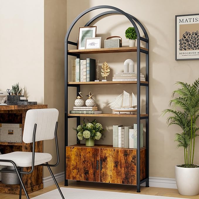 Jehiatek Arched Bookshelf with Storage Cabinet 71 Inch Tall Industrial Bookcase 5 Tier Open Display Shelf with Hidden Storage Rustic Wood and Metal Bookshelf for Living Room Bedroom Home Office