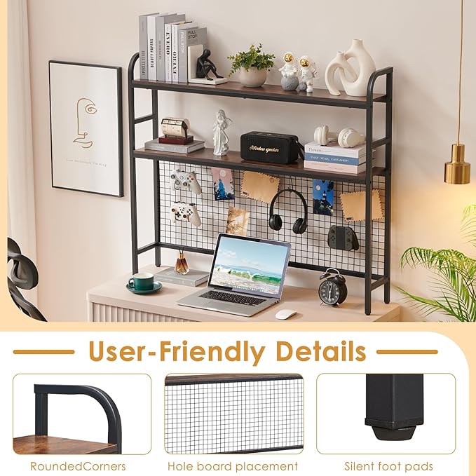 Desktop Hutch Shelf Organizer, 2-Tier Metal & MDF Desk Bookshelf with Grid Panel and Hooks for Office & Dorm (Rustic Brown, 45.3")