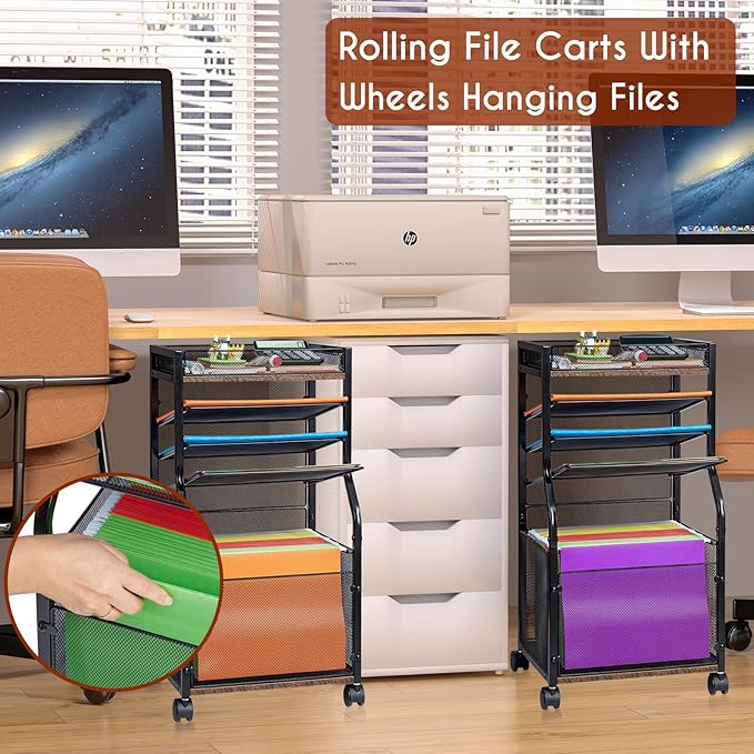 5-Tier Rolling File Cart with Lockable Wheels, Mobile Desk File Organizer Hanging File Folders Paper Letter Sliding Trays, Black Wood & Mesh Hanging Folder Drawer Organization for Office, Home, School