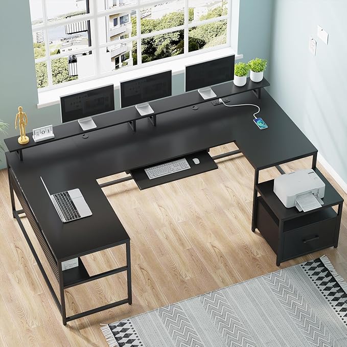 SEDETA U Shaped Gaming Desk,101.5''Reversible L Shaped Home Office Desk with Drawer & Power Outlet,Computer Two Person Desk with Monitor Shelf, Keyboard Tray, Black