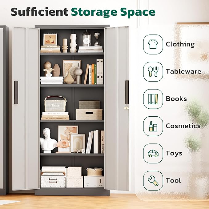 Greenvelly 63" H Metal Storage Cabinet Grey White, Locking Metal Cabinet, Store Tools, Clothes, Tableware and Toiletries, Garage Cabinets with Adjustable Shelves for Office, Home, Garage, Pantry