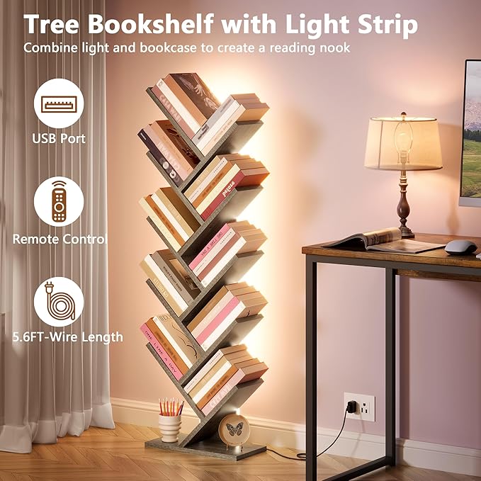 Hoctieon 10 Tier Tree Bookshelf, Tall Bookcase, Freestanding Book Shelf with LED Lights, Display Floor Standing Storage Shelf, Book Organizer Shelves for Home Office, Living Room, Greige
