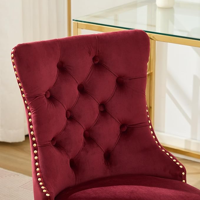Goujxcy Desk Chair, Modern Velvet Upholstered Tufted Button Home Office Chair, 360° Swivel Armless Desk Chairs, 120°Rocking Ergonomic Computer Task Vanity Chairs, Wine Red