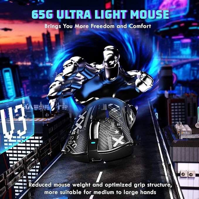 MAMBASNAKE Attack Shark V3 Wireless Gaming Mouse,Adjustable 25K DPI PAW3311 Optical Sensor,Ergonomic Lightweight 5 Programmable Buttons 500mAH Battery,2.4G/BT/USB-C Wired for PC/Mac-Black&Griptape