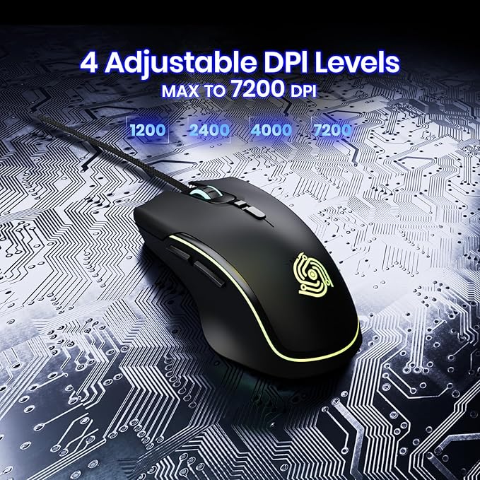Wired Gaming Mouse - Computer Corded Mouse with 6 Programmable Buttons, Up to 7200 DPI Optical Sensor, RGB Lighting, for PC Laptop, Black (Cool Viper)