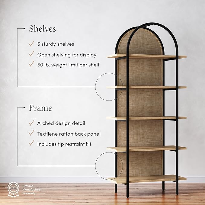Nathan James Amara Bohemian 5-Shelf Etagere Bookcase, Rattan Open Bookshelf with Arch Top, Light Oak/Matte Black, Set of 4