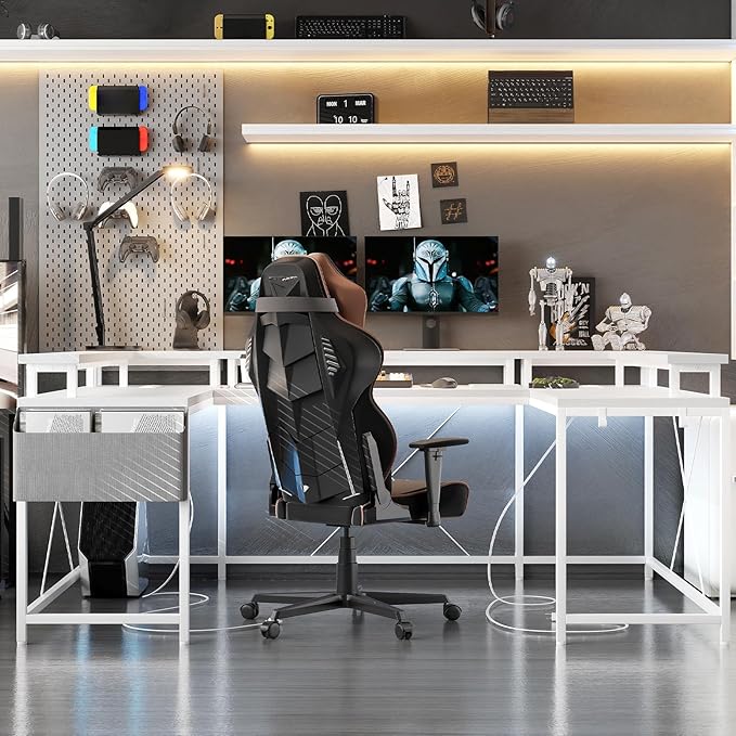 Jojoka U-Shaped Computer Desk with Power Outlets & RGB LED Lights - Reversible l-Shaped Office Desk, Full Monitor Stand, Modern Home Office Workstation, 600lbs Capacity 79",Game Desk, Multiple Colors