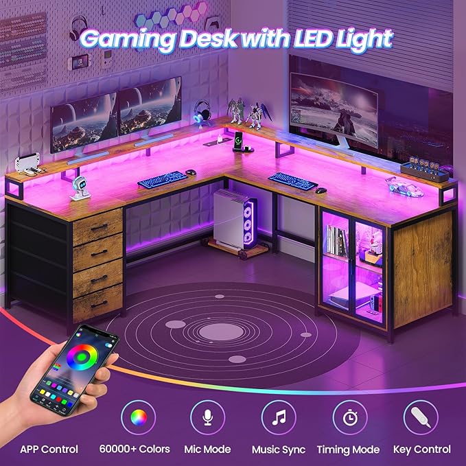 SEDETA L Shaped Gaming Desk with 4 Drawers, 109” Computer Desk with Display Cabinet, Home Office Desks with 2 Monitor Stands, CPU Stand, LED Lights and Power Outlet, Rustic Brown