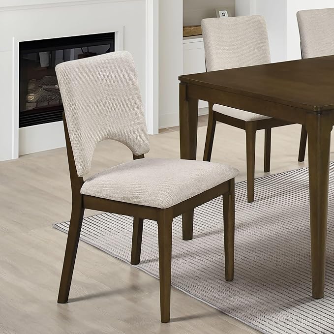 GOWE Contemporary 7pc Extendable Dining Set Table and 6X Upholstered Chairs Light Beige Self Storing Leaf Wooden Furniture Modern Contemporary Rectangle Tabletop Self-Storing Leaf