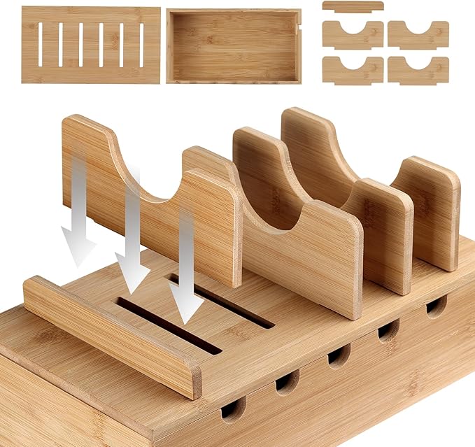 MINCORD Bamboo Charging Station for Multiple Devices, Cell Phone Docking Charging Station Organizer, Nightstand Bedside Desk Device Charger Organizer for Laptop, Tablets and iPads