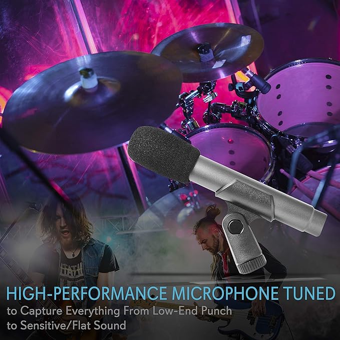 Pyle 7-Piece Wired Dynamic Kit-Kick Bass, Tom/Snare & Cymbals Microphone Set-for Drums, Vocal, & Other Instrument-Complete with Thread Clip, Inserts, Mics Holder & Case, Black