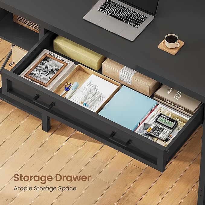 SEDETA 40" Small Computer Desk, Farmhouse Small Desk with Drawer & Storage Shelves, Writing Desk with Power Outlet, Study Table, Desk for Bedroom, Home Office, Black