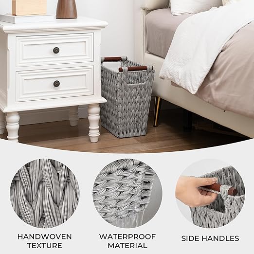 GRANNY SAYS Woven Wicker Desk Wastebasket with Wood Handles – Gray (2-Pack)