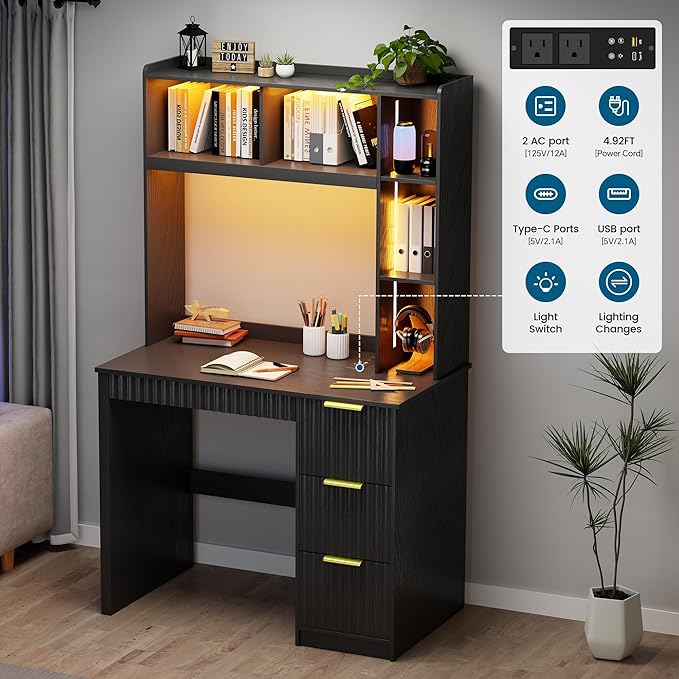 WOOVIVS Home Office Desk with Hutch & LED Lights - 39" Computer Desk with Charging Station, 3 Large Drawers, Hidden Compartment & Fluted Panel Design,Black Writing Desk for Bedroom, Study
