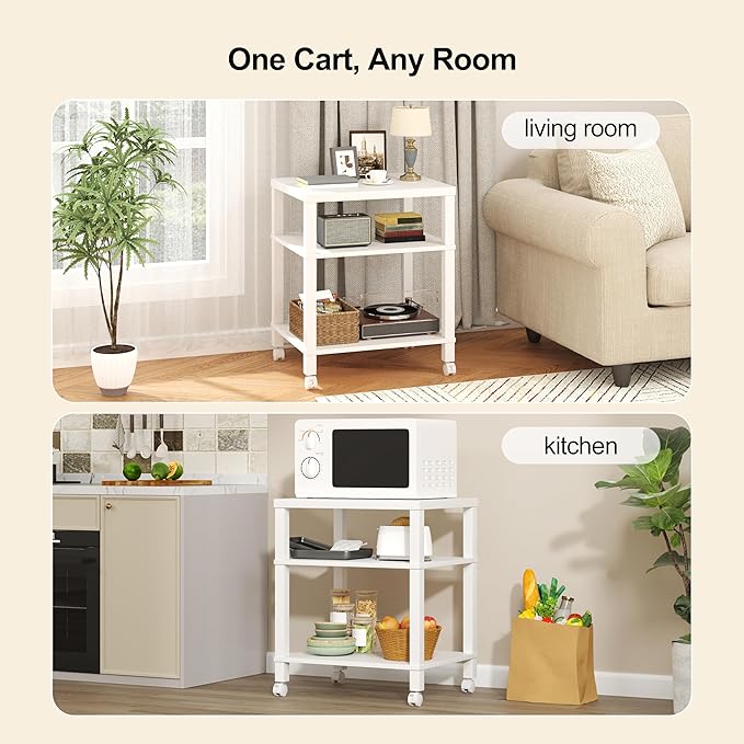 3-Tier Printer Stand with Wheels, Large Under Desk Rolling Cart for Office Storage, Heavy Duty Machine Stand with Adjustable Shelf, 22.04"x17.71"x26.54", White