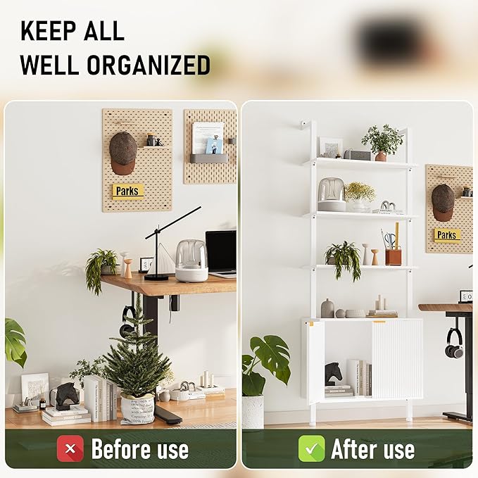 INNOD 74" Tall Bookshelf with Storage Cabinet, Modern Ladder Shelf with Wood and Metal Frame, Wall Mount Bookcase Open Display Shelf Furniture for Living Room, Bedroom, Home Office, White