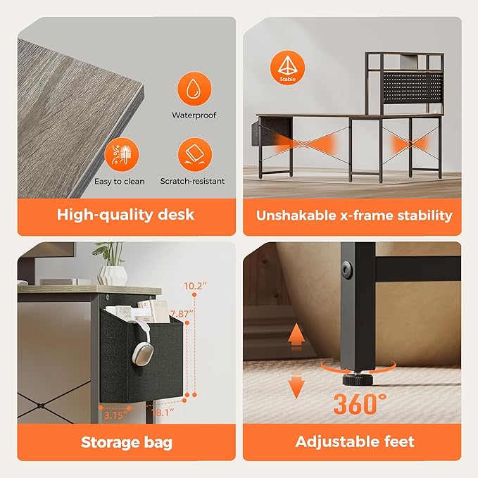 Mericonia 50 inch Large L Shaped Desk with Pegboard Hutch & Shelves, Corner Gaming Desk with Power Outlet, LED Light & Storage Bag, Reversible Computer Desk for Home, Bedroom, Office Workspace, Grey