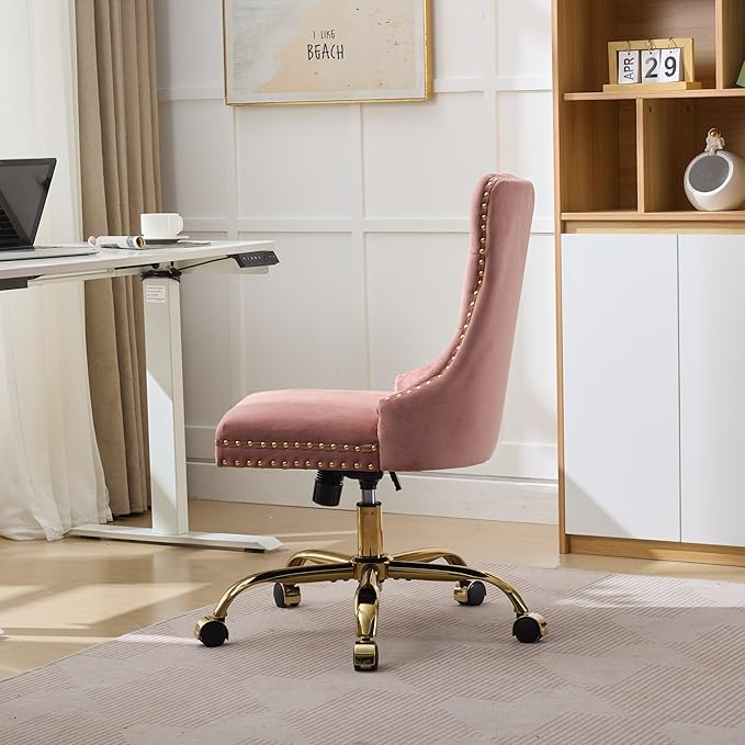 Goujxcy Desk Chair, Modern Velvet Upholstered Tufted Button Home Office Chair, 360° Swivel Armless Desk Chairs, 120°Rocking Ergonomic Computer Task Vanity Chairs, Pink