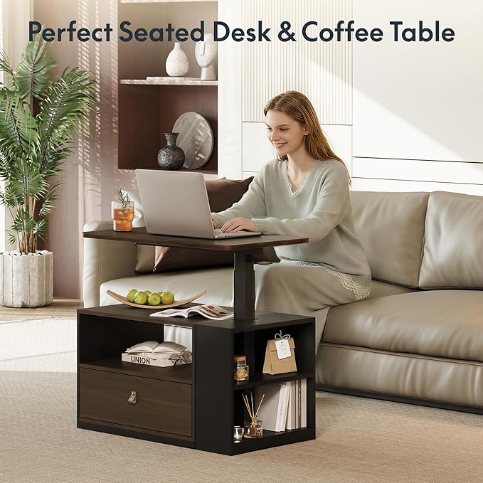 FLEXISPOT H7 CAB Height Adjustable Sit-Stand Computer Workstation Desk with Storage, Pneumatic Lift Laptop Desk with Drawer & Cabinet, Compact Small Space Home Office Desk (25.8"–41.3", Walnut)