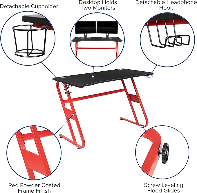 Flash Furniture Red Gaming Desk and Pink/Black Racing Chair Set with Cup Holder and Headphone Hook