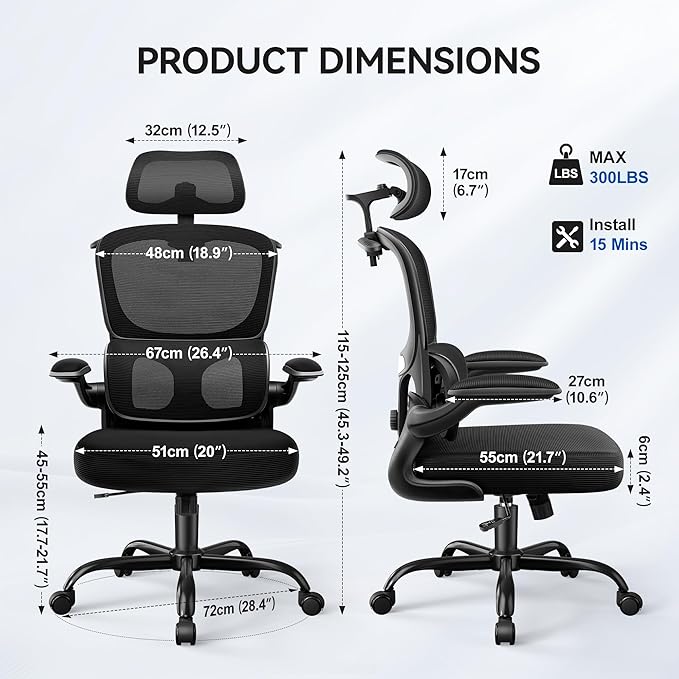 ALLGOD Ergonomic Office Chair, Mesh Desk Chair with Lumbar Support, High Back Home Office Chair with Adjustable Headrest and Flip-Up Arms, Comfortable Computer Chair, Thick Cushion, Black-6 Pack